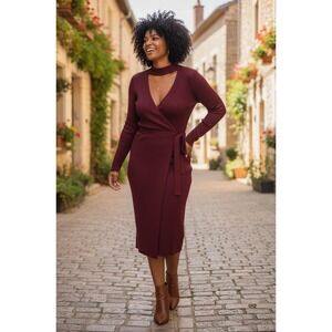 ✨Questions Ribbed Knit Wrap Midi Dress Burgundy Mock Neck Long Sleeve Sz 2X #